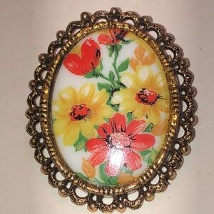 Vintage Aged Gold Tone Floral Oval Brooch